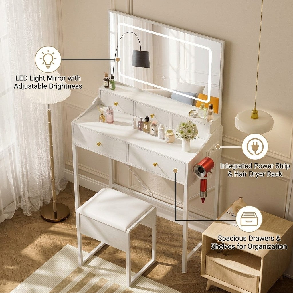 COMHOMA® 27" Makeup Vanity Desk Set with 3-Color LED Mirror, Charging Station & 5 Drawers B205