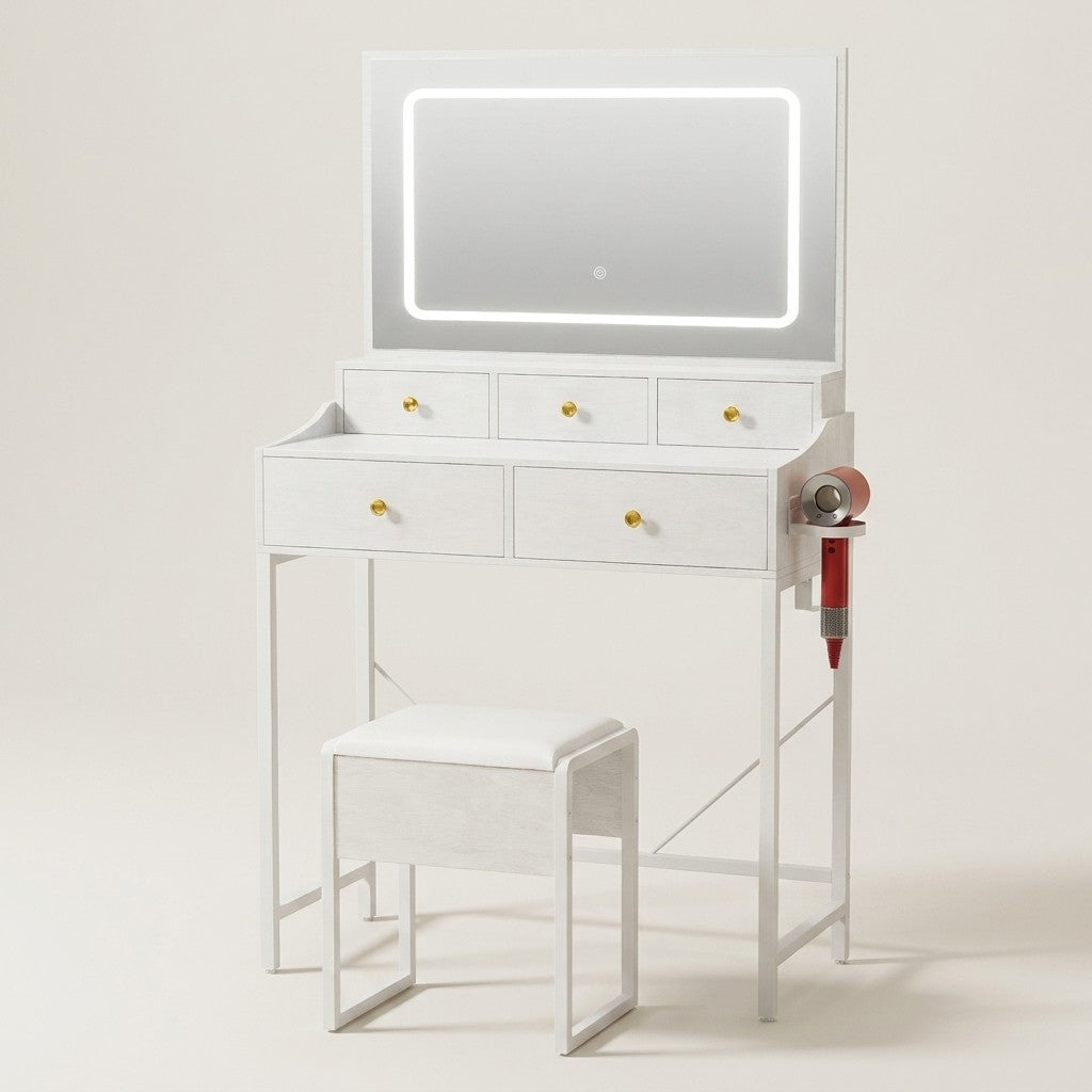 COMHOMA® 27" Makeup Vanity Desk Set with 3-Color LED Mirror, Charging Station & 5 Drawers B205