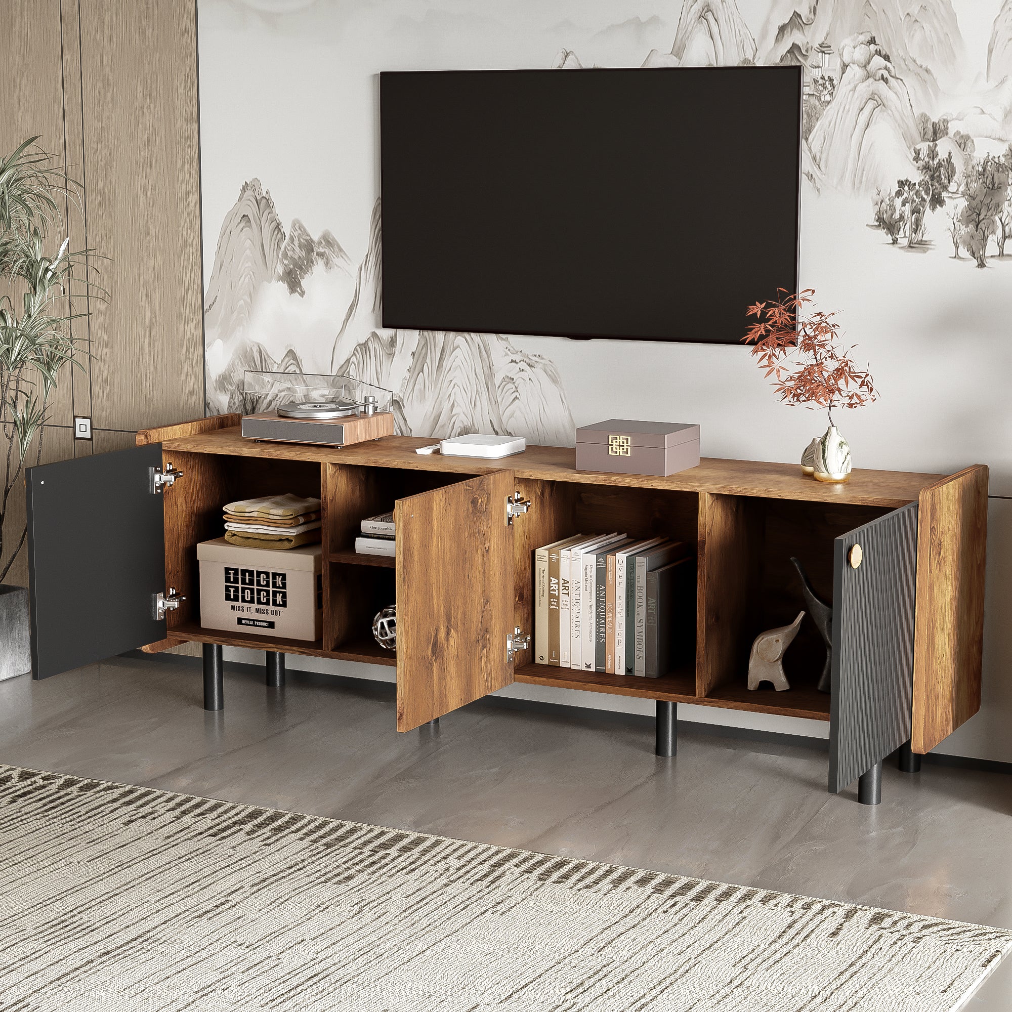 Mid Century TV Stand with 3 Cabinets, Media Console Table for TVs up to 70'', Entertainment Center with Storage for Living room, Bedroom, Wood Color Top Panel & Handle
