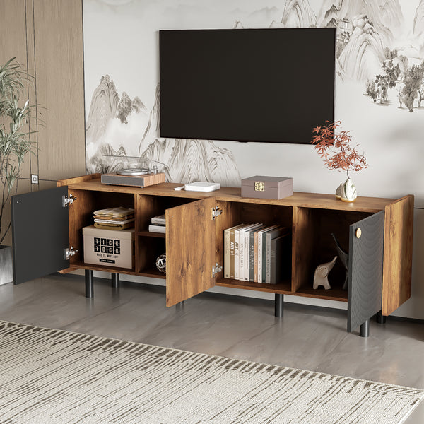 Mid Century TV Stand with 3 Cabinets, Media Console Table for TVs up to 70'', Entertainment Center with Storage for Living room, Bedroom, Wood Color Top Panel & Handle