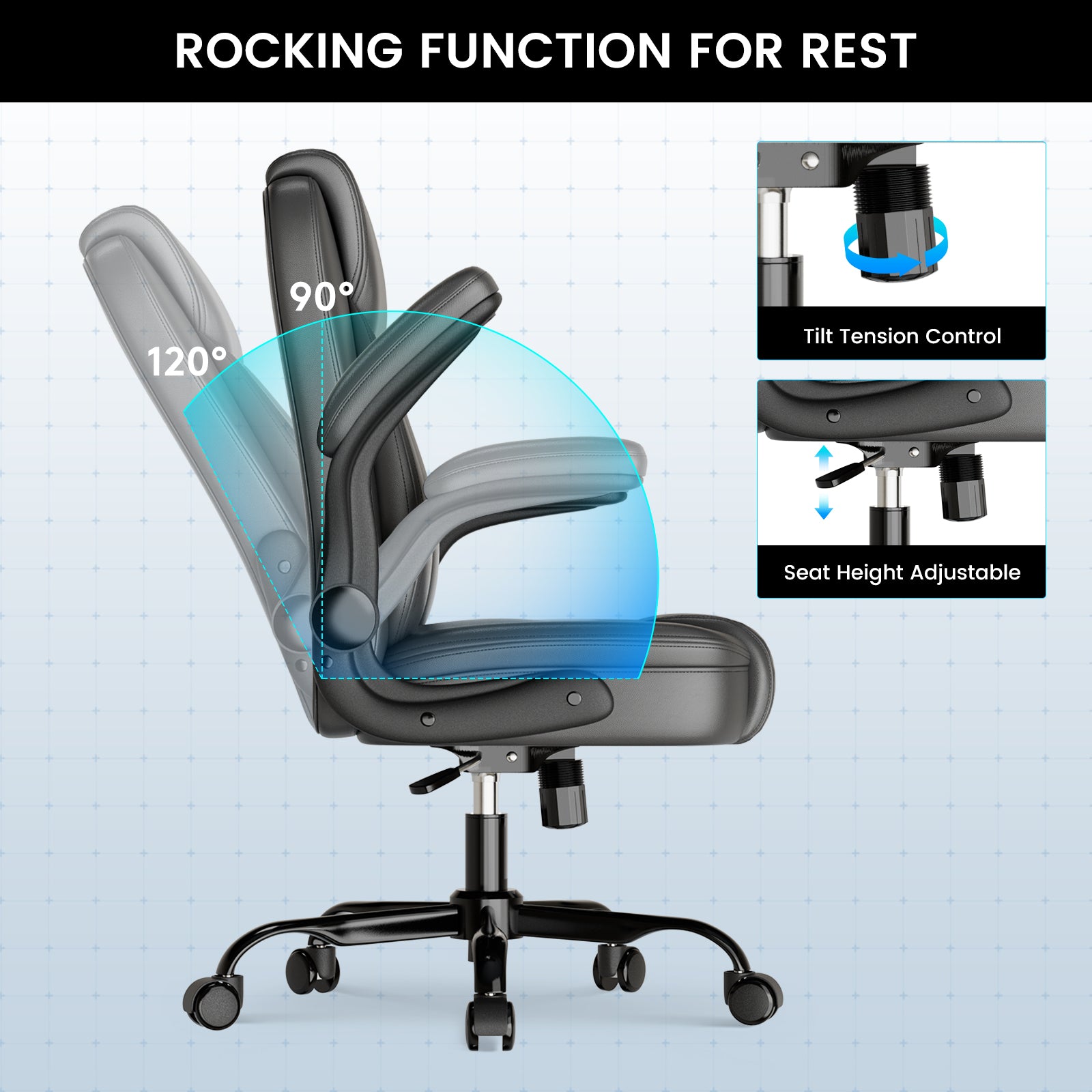 Cloudrest Pro Rocking Leather Office Chair with Back Support and Adjustable Armrests, for Short People Use CH228