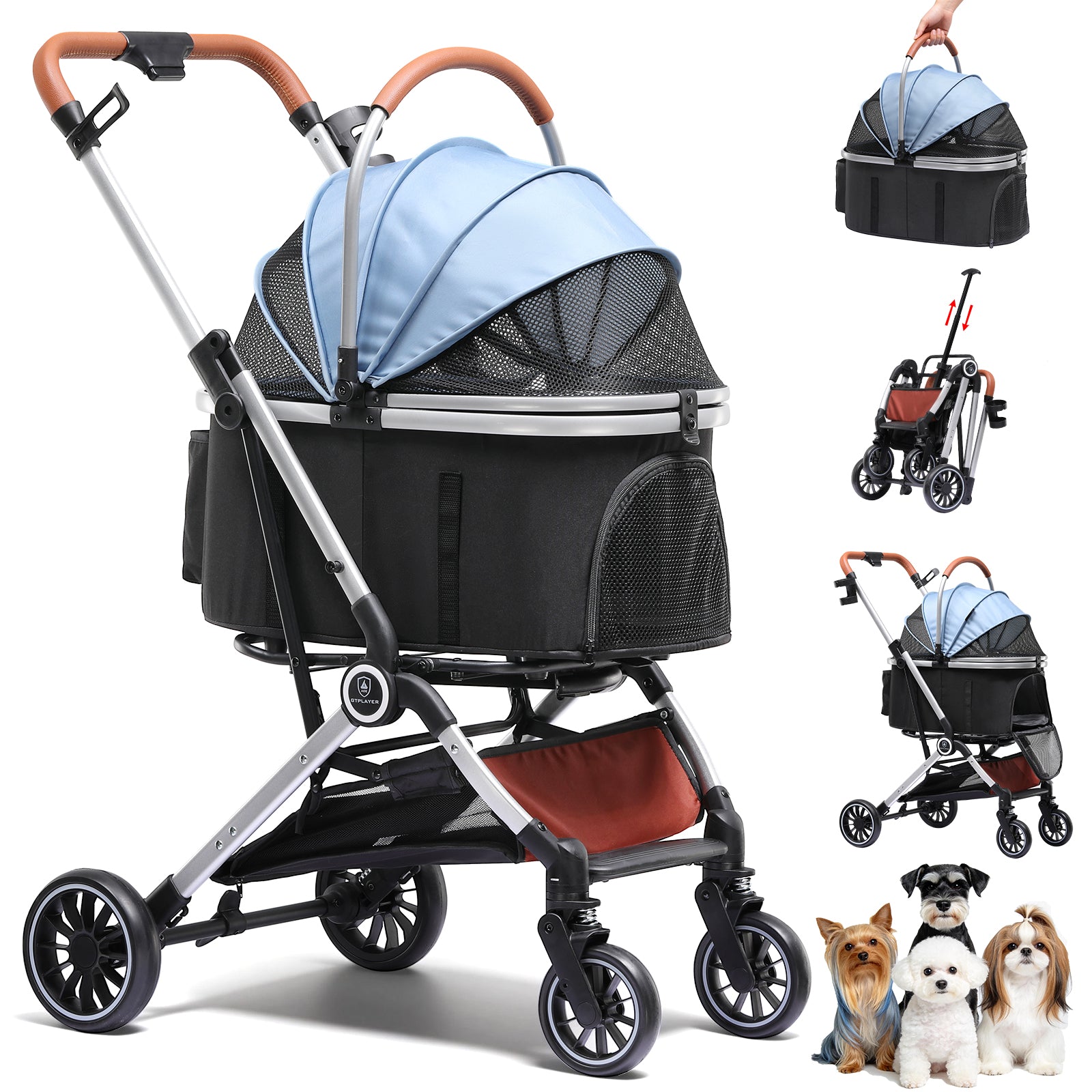 COMHOMA 3-in-1 Foldable Pet Stroller for Small Dogs & Cats Up to 45 lbs with Storage Basket and Cup Holder, PET-CART01