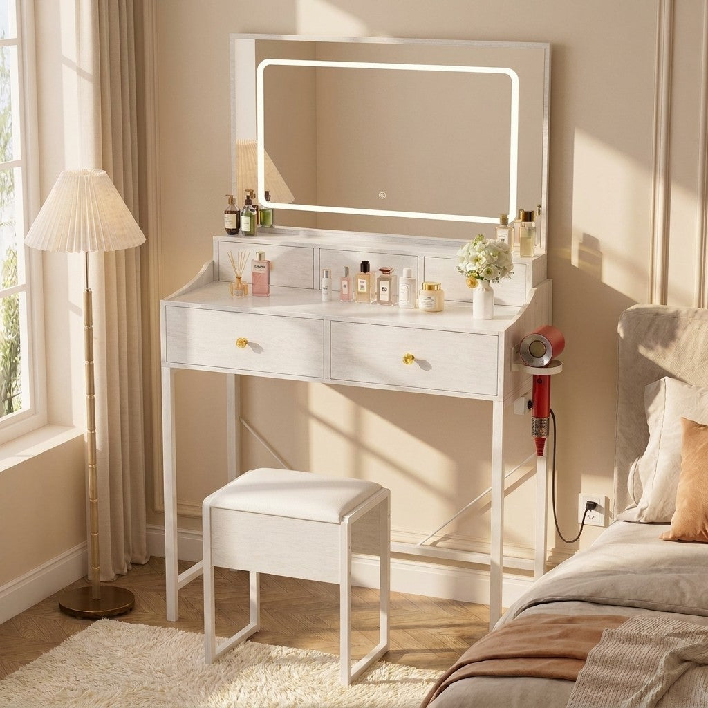 COMHOMA® 27" Makeup Vanity Desk Set with 3-Color LED Mirror, Charging Station & 5 Drawers B205