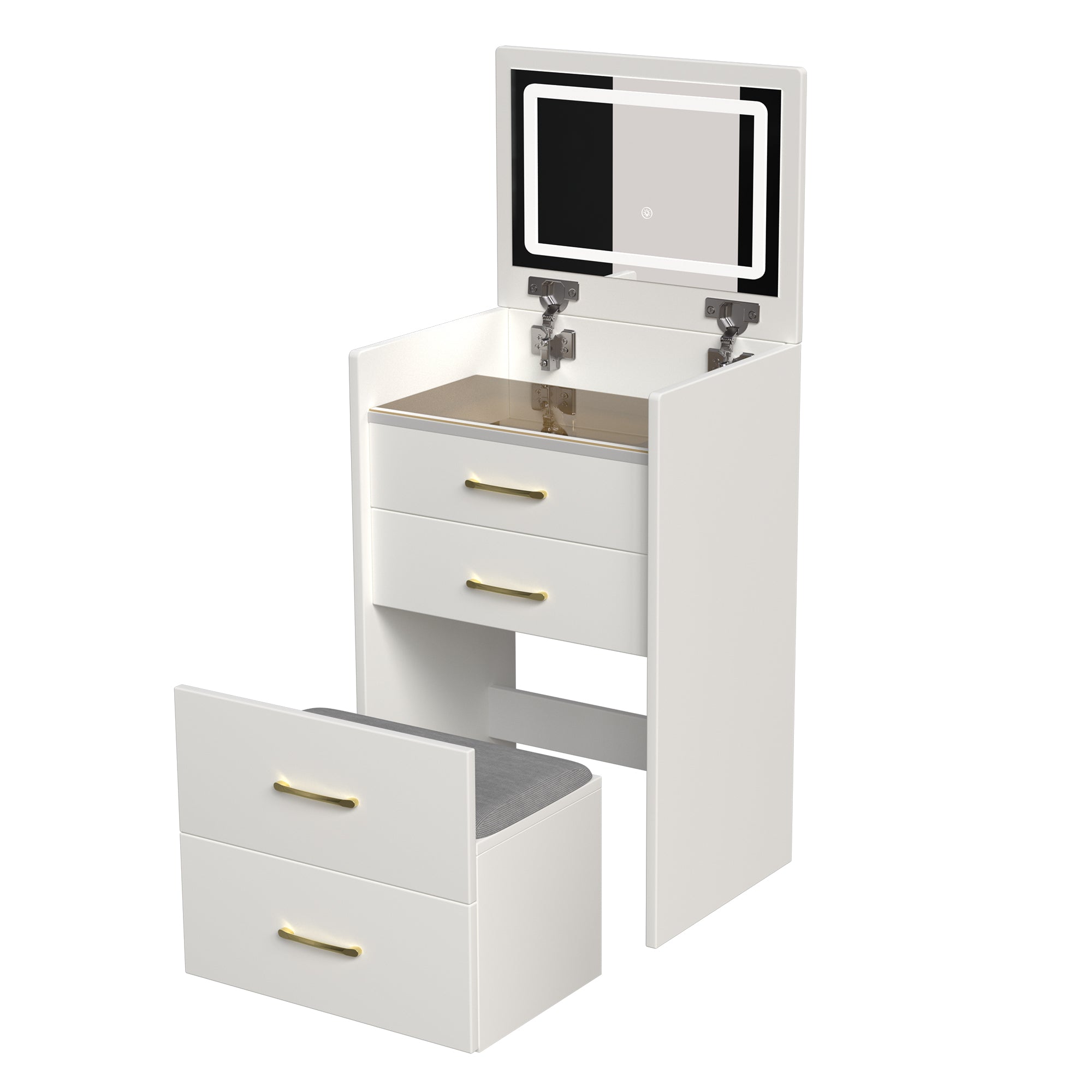 Compact 3 in 1 Vanity Desk with Open Top Mirror, Glass Desktop, White MDF, 50.39' Height