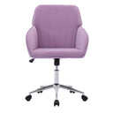 Ergonomic swivel office chair with lilac velvet upholstery, cushioned backrest and seat, adjustable height, and chrome-finished base with five caster wheels.