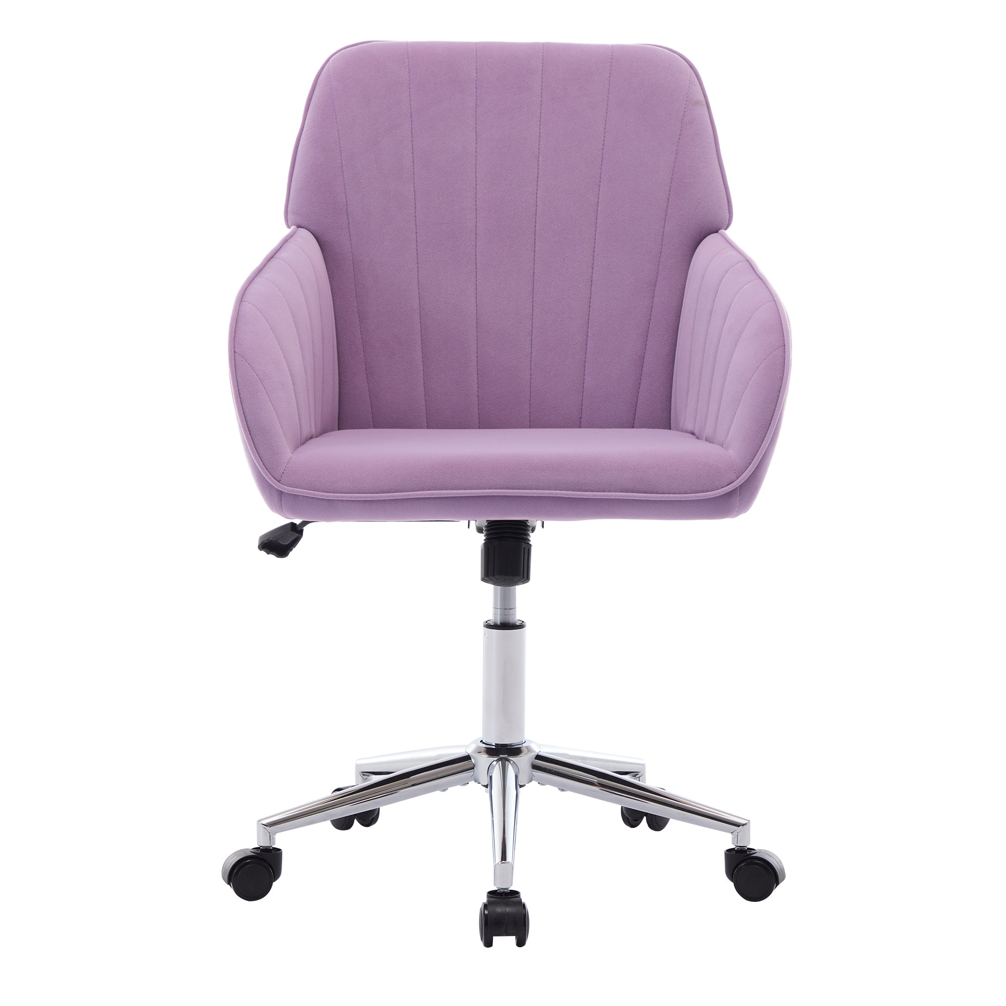 Ergonomic swivel office chair with lilac velvet upholstery, cushioned backrest and seat, adjustable height, and chrome-finished base with five caster wheels.