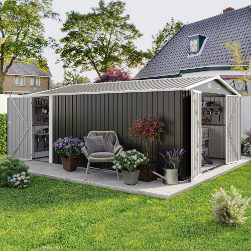 Campcraft  Outdoor Storage Shed 10×14 FT with 3 Lockable Doors,Utility Tool Shed Metal Storage Garden Sheds  Frame and 4 Vents,for Backyard,Patio,Lawn,Light Grey