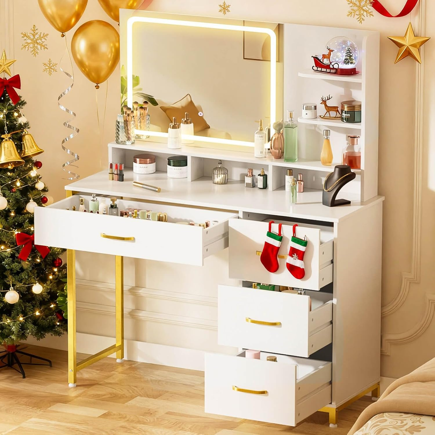 COMHOMA Vanity Desk with Mirror and Lights, 4 Drawers & Storage Shelves B1006-CH