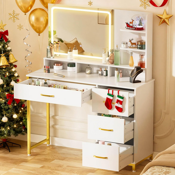 COMHOMA Vanity Desk with Mirror and Lights, 4 Drawers & Storage Shelves B1006-CH