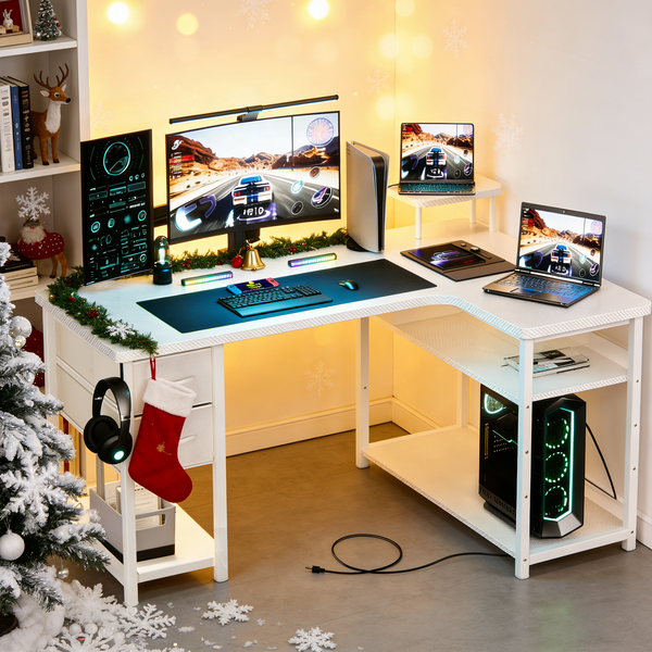 GTRACING Carbon Fiber L Shaped Computer Desk with Drawer & Shelf DL004