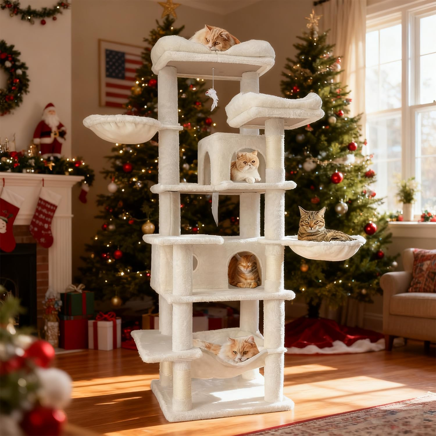 68 inch Multi-Level Cat Tree with Hammocks, Hanging Basket, Scratching Posts - Perfect for Multiple Cats