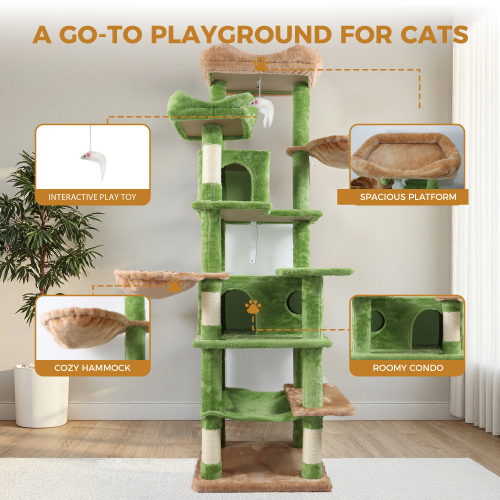 68 inch Multi-Level Cat Tree with Hammocks, Hanging Basket, Scratching Posts - Perfect for Multiple Cats