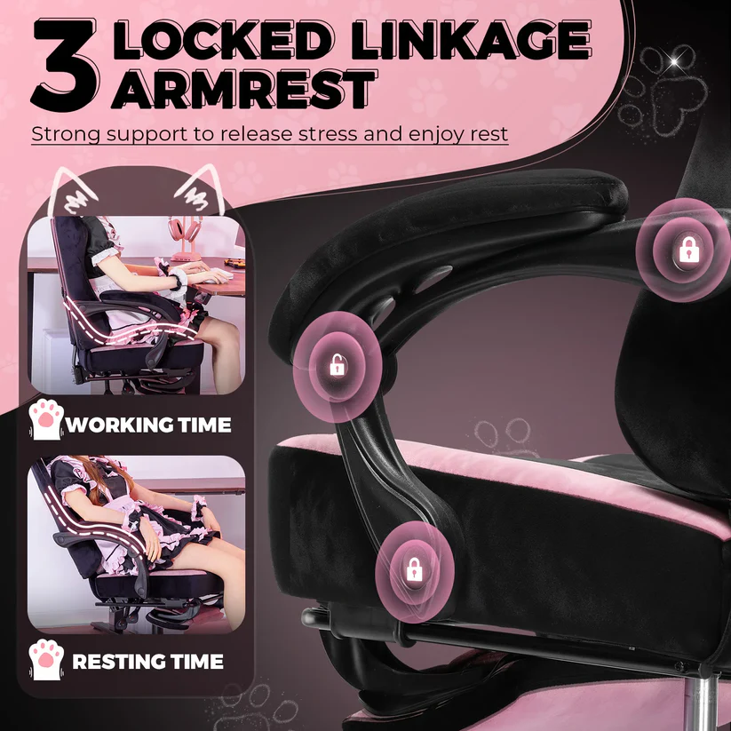 COMHOMA Pink Cute Office Gaming Chair with Cat Ears, Velvet Fabric 350LBS GTP610