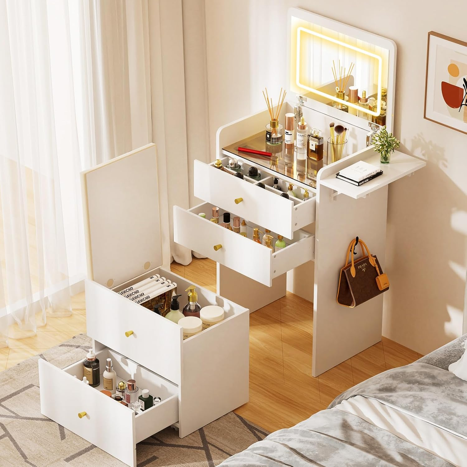 LUCKLIFE Makeup Vanity Desk with Mirror and Lights, Small 3 in 1 Vanity Table with Visible Glass Top, Flip Top & 3 Drawers B500