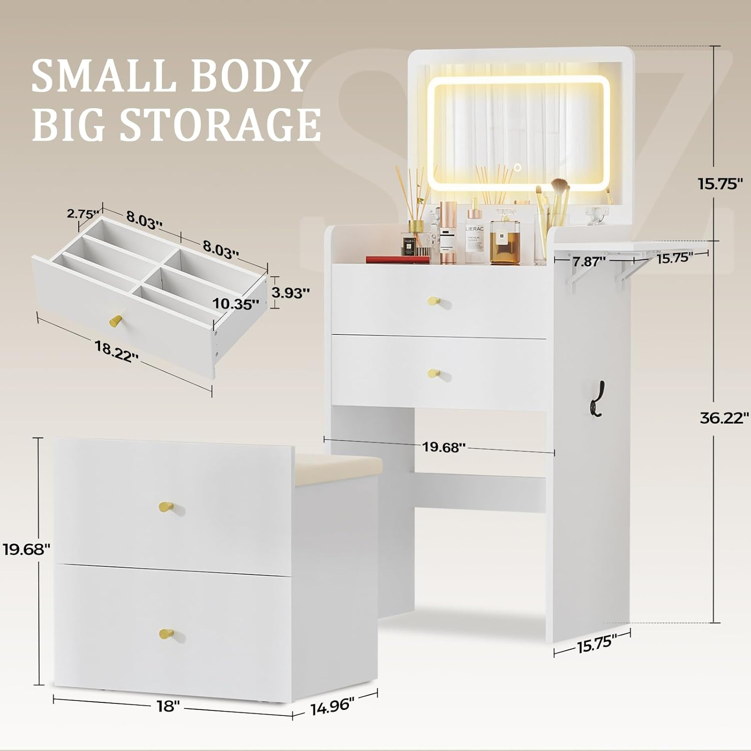 LUCKLIFE Makeup Vanity Desk with Mirror and Lights, Small 3 in 1 Vanity Table with Visible Glass Top, Flip Top & 3 Drawers B500