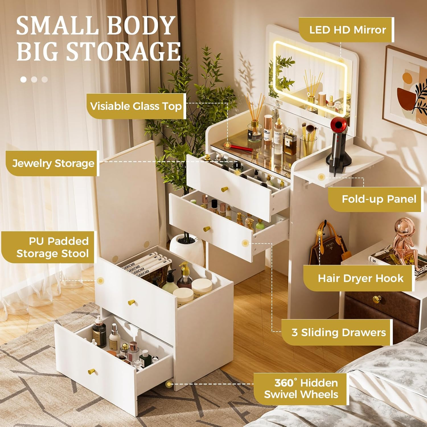 LUCKLIFE Makeup Vanity Desk with Mirror and Lights, Small 3 in 1 Vanity Table with Visible Glass Top, Flip Top & 3 Drawers B500