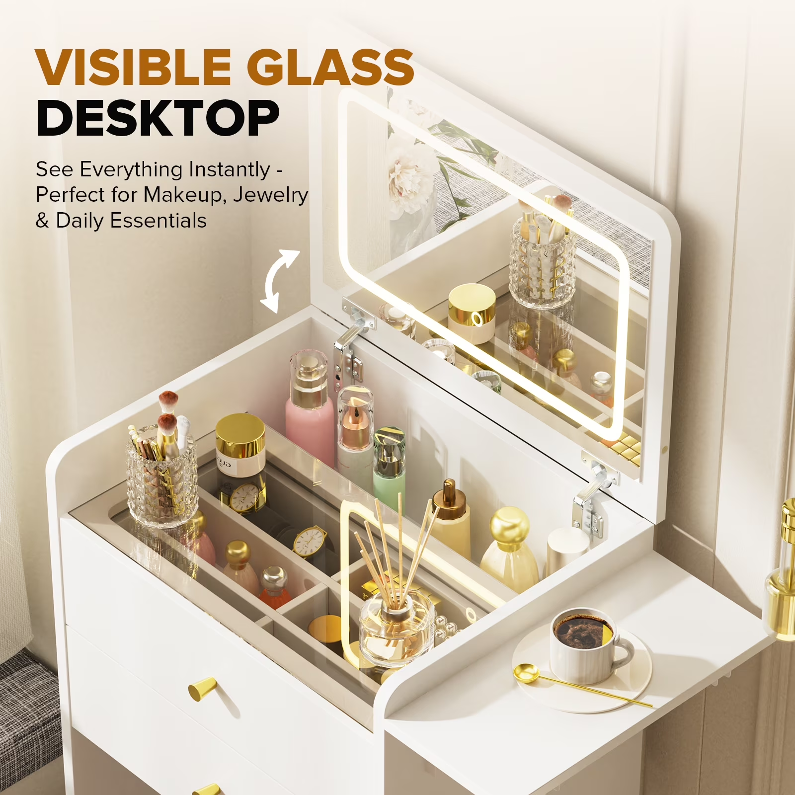 LUCKLIFE Small Makeup Vanity Desk with Mirror and Lights, Small 3 in 1 Vanity Table with Visible Glass Top, Flip Top & 3 Drawers B500