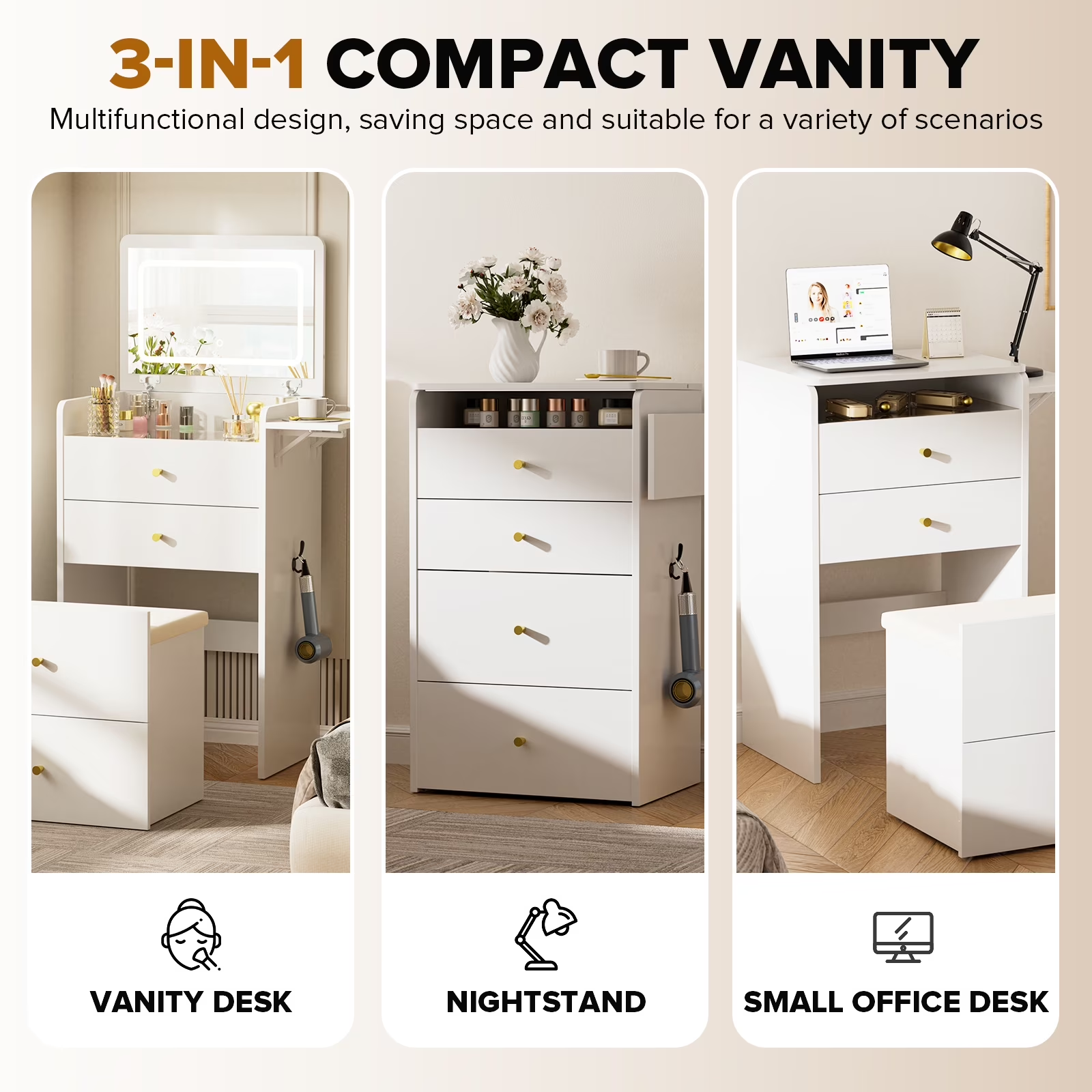 LUCKLIFE Small Makeup Vanity Desk with Mirror and Lights, Small 3 in 1 Vanity Table with Visible Glass Top, Flip Top & 3 Drawers B500