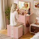 LUCKLIFE Small Makeup Vanity Desk with Mirror and Lights, Small 3 in 1 Vanity Table with Visible Glass Top, Flip Top & 3 Drawers B500
