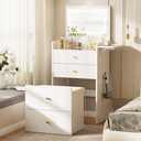 LUCKLIFE Small Makeup Vanity Desk with Mirror and Lights, Small 3 in 1 Vanity Table with Visible Glass Top, Flip Top & 3 Drawers B500