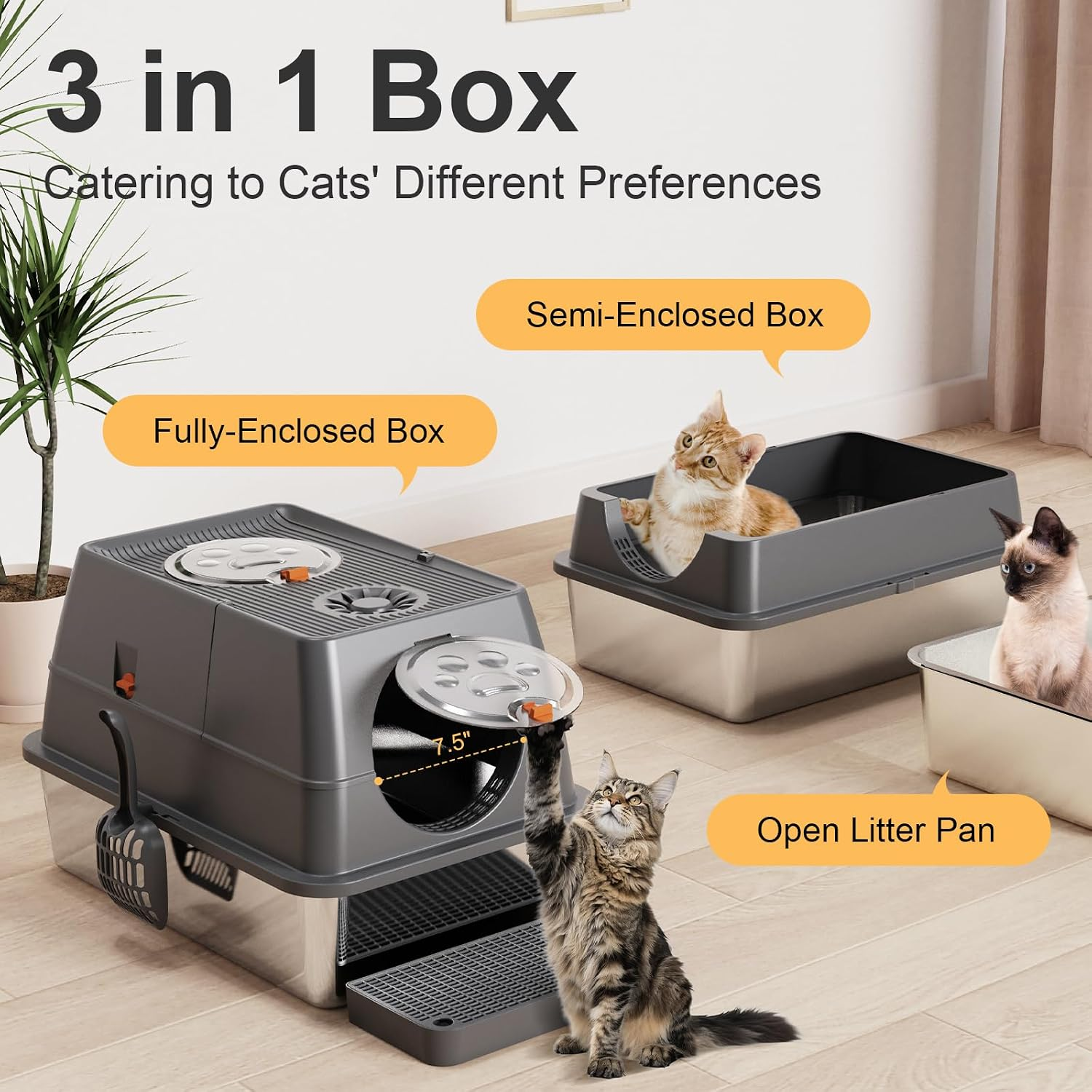 COMHOMA® XL Extra Large Stainless Steel Litter Box with Enclosed Top Entry for Big Cats DX-QC-CLB