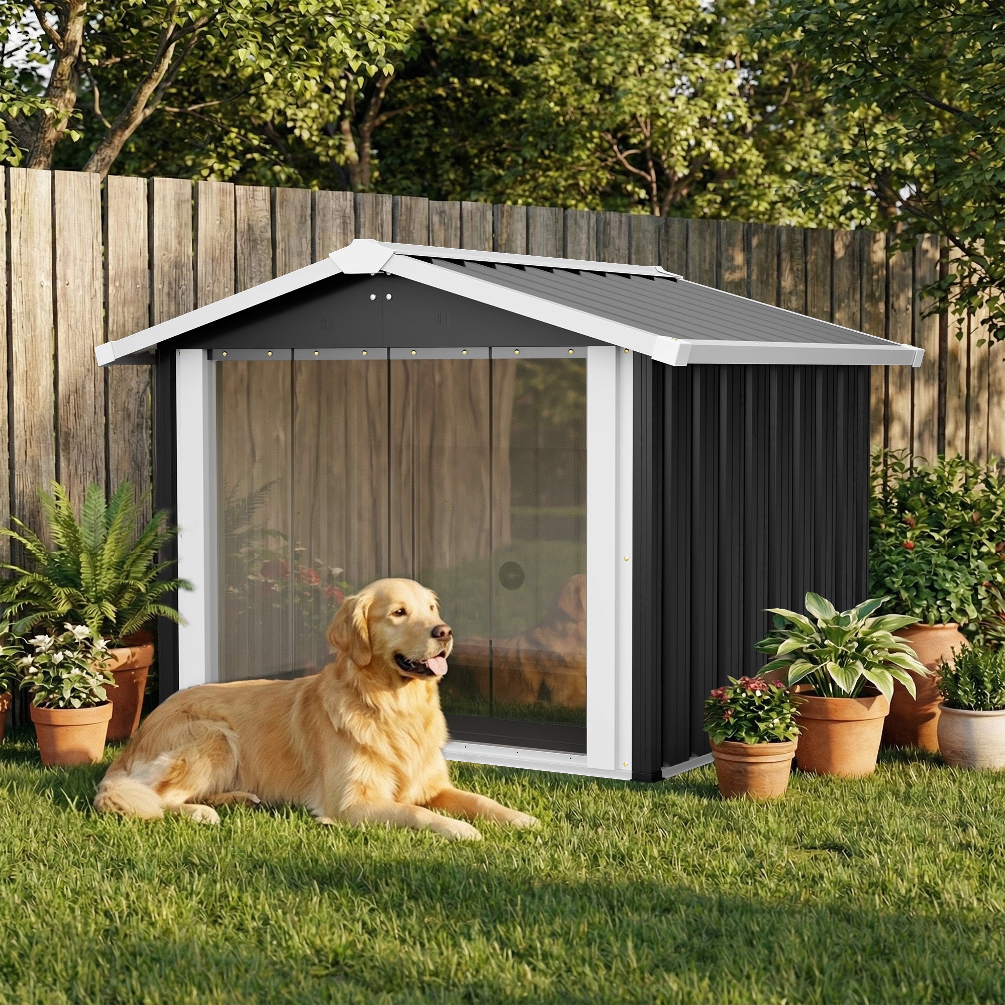 39.7x35.8x33.3' 2-in-1 Metal Dog House & Storage Shed Weatherproof Outdoor Shelter for Medium-Large Dogs Multi-Function Pet House w/ PVC Door & Vent Sturdy Garden Storage for Dog, Cat, Rabbit,Chicken