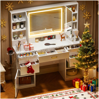 COMHOMA Vanity Desk with 3 Lighting & 7 Drawer, White B2002