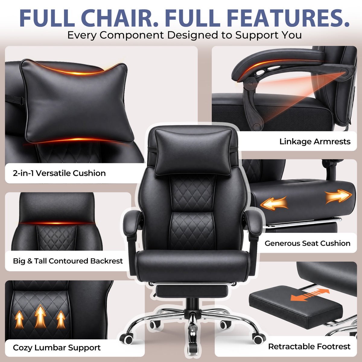Cloudrest Pro® Big & Tall Office Chair with Pillow, Footrest & Linkage Armrests 350LBS CH630-SP