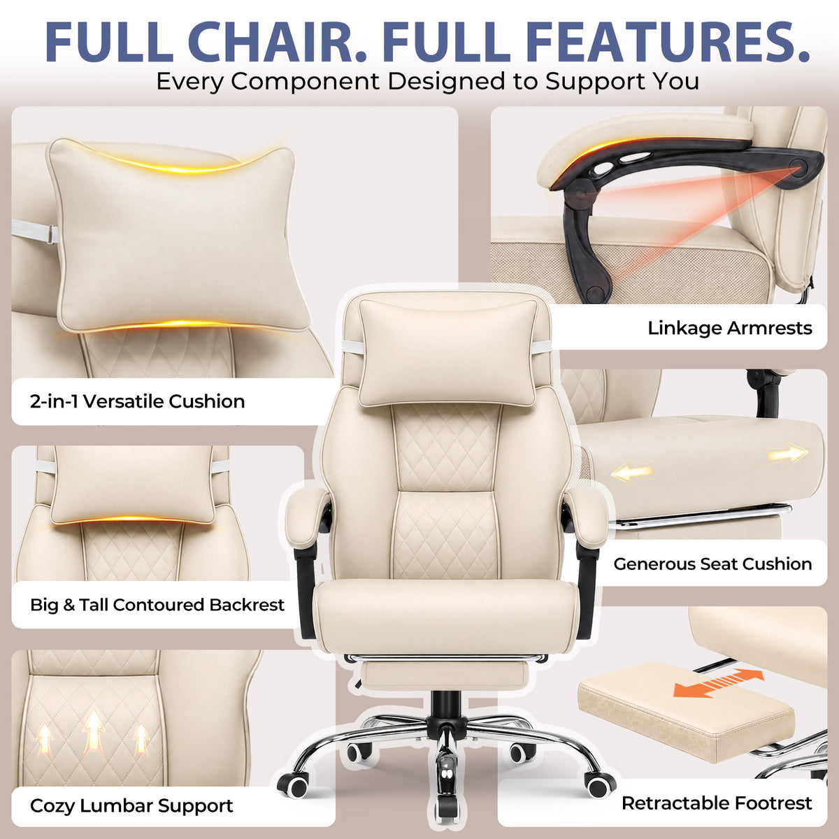 Cloudrest Pro® Big & Tall Office Chair with Pillow, Footrest & Linkage Armrests 350LBS CH630-SP