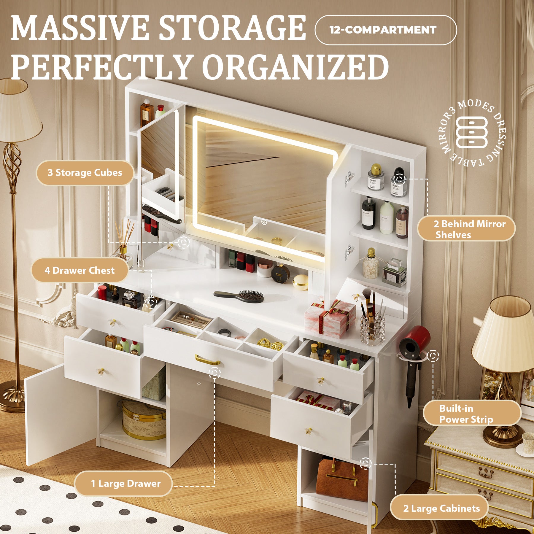 COMHOMA Vanity Desk with 3 Lighting & 7 Drawer, White B2002
