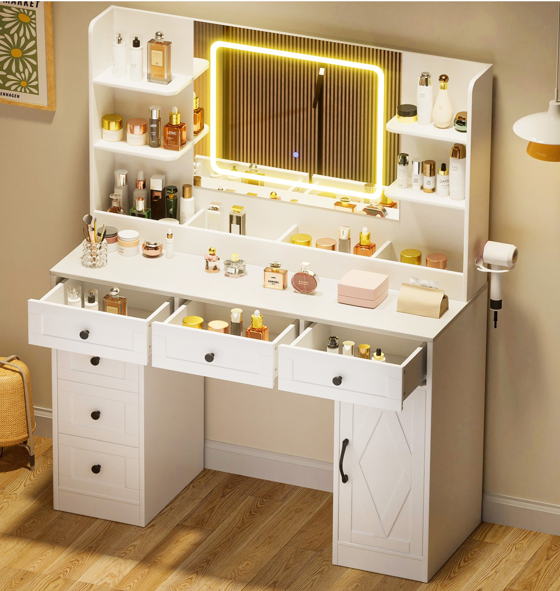 COMHOMA Makeup Vanity Desk with Mirror and Lights, 6 Drawers & 1 Storage Cabinet B1005