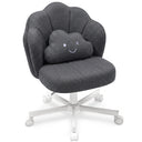 Gray fabric ergonomic office chair with petal-shaped backrest and cute winking cloud cushion, height adjustable with white rolling base, suitable for makeup vanities and office use.