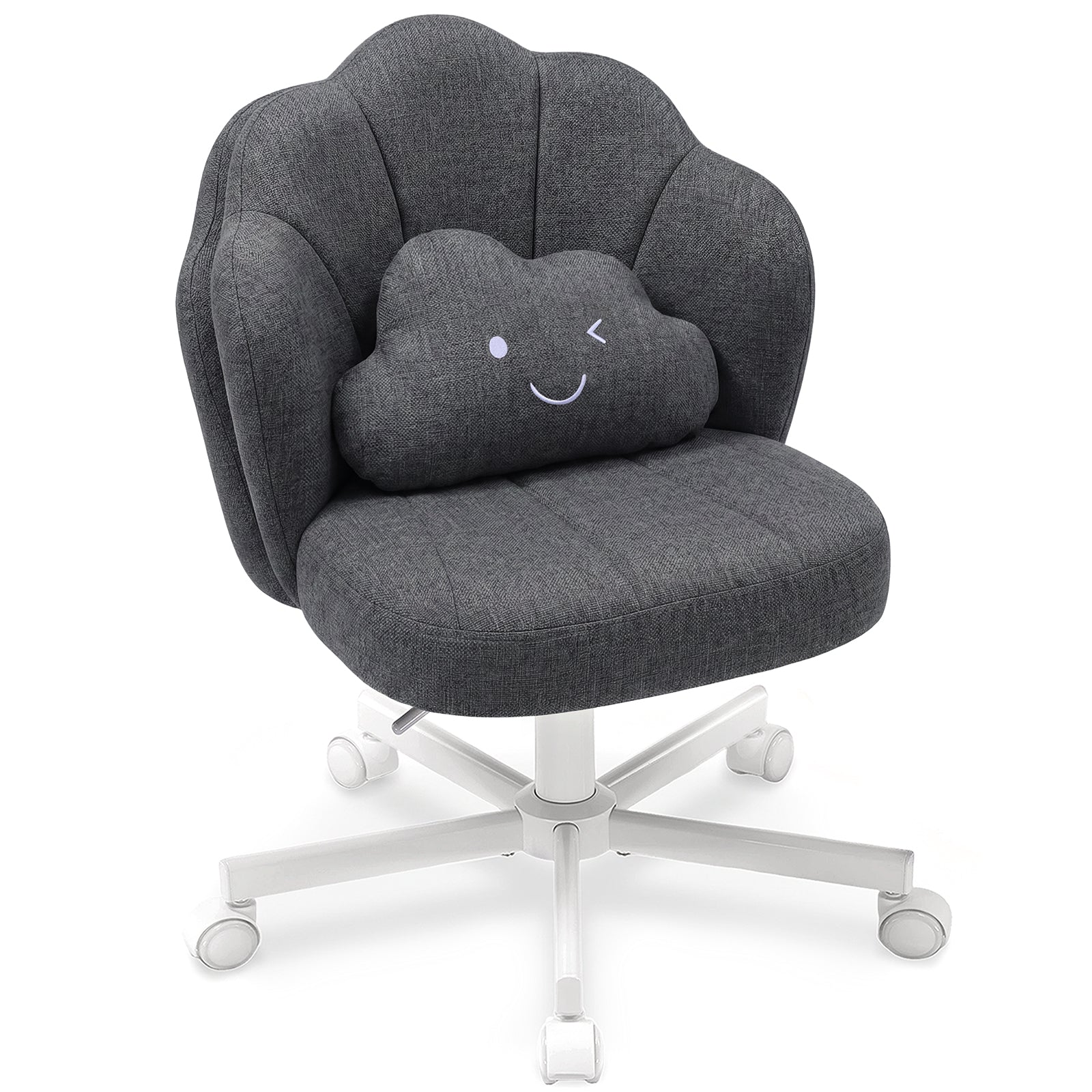 Gray fabric ergonomic office chair with petal-shaped backrest and cute winking cloud cushion, height adjustable with white rolling base, suitable for makeup vanities and office use.