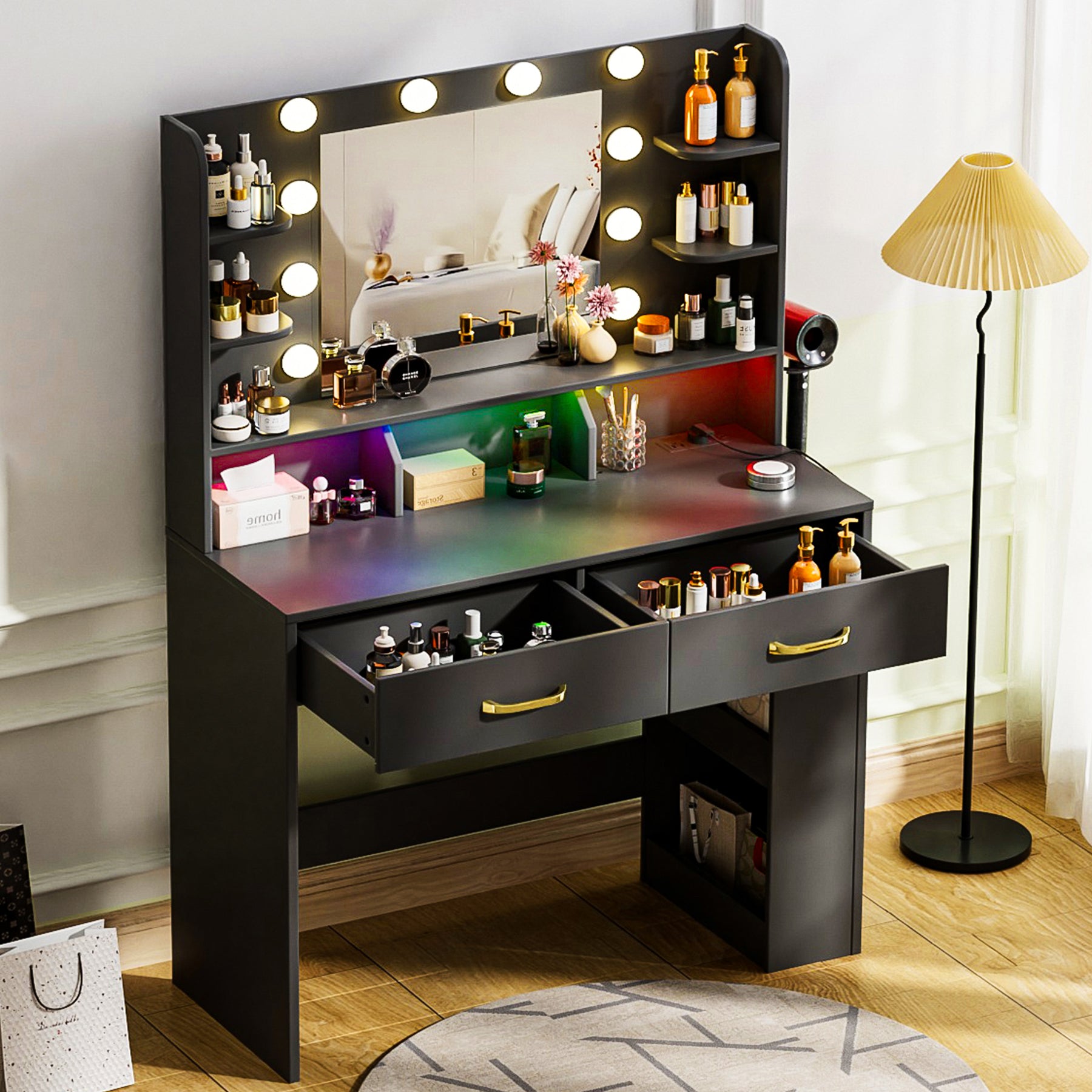 COMHOMA Vanity Desk with Large Storage, Lighted Mirror and Power Outlet B1004