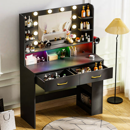 COMHOMA Vanity Desk with Large Storage, Lighted Mirror and Power Outlet B1004