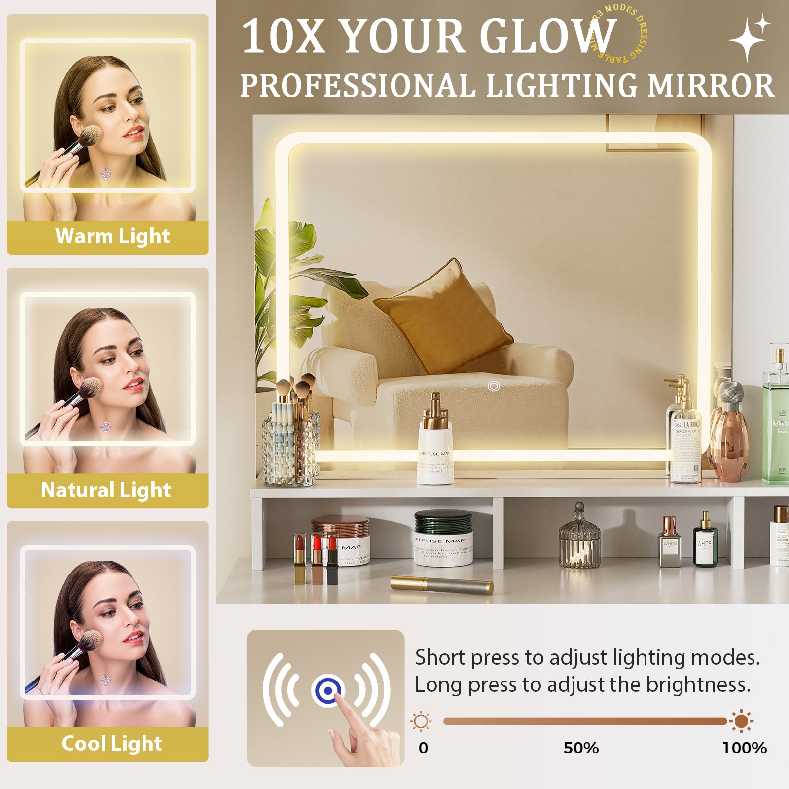 COMHOMA Vanity Desk with Mirror and Lights, 4 Drawers & Storage Shelves B1006-CH