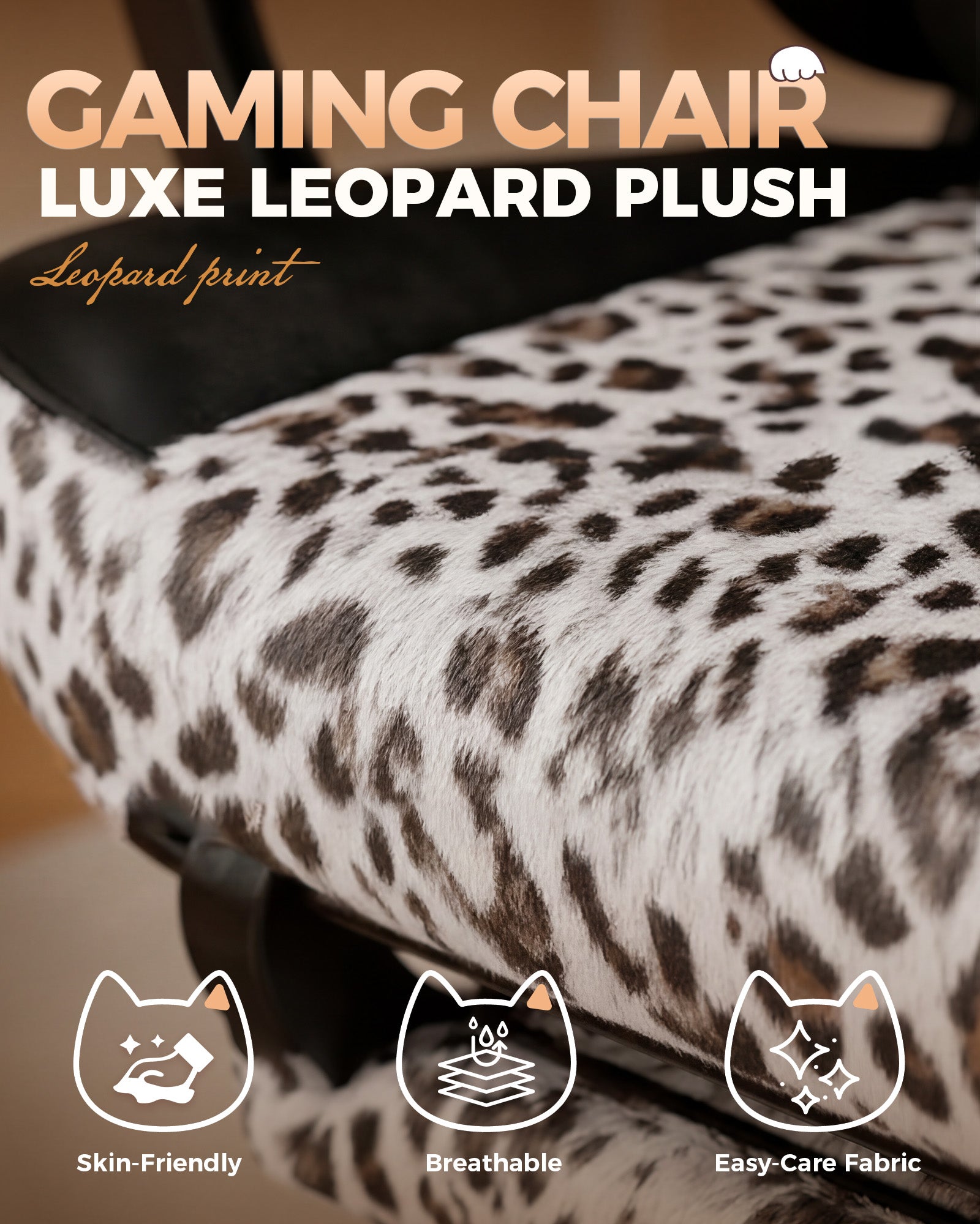 GTPLAYER Gaming Chair with Leopard Print Cat, Cute Velvet Fabric Ergonomic Office Chair with Footrest Headrest and Lumbar Support GTP710