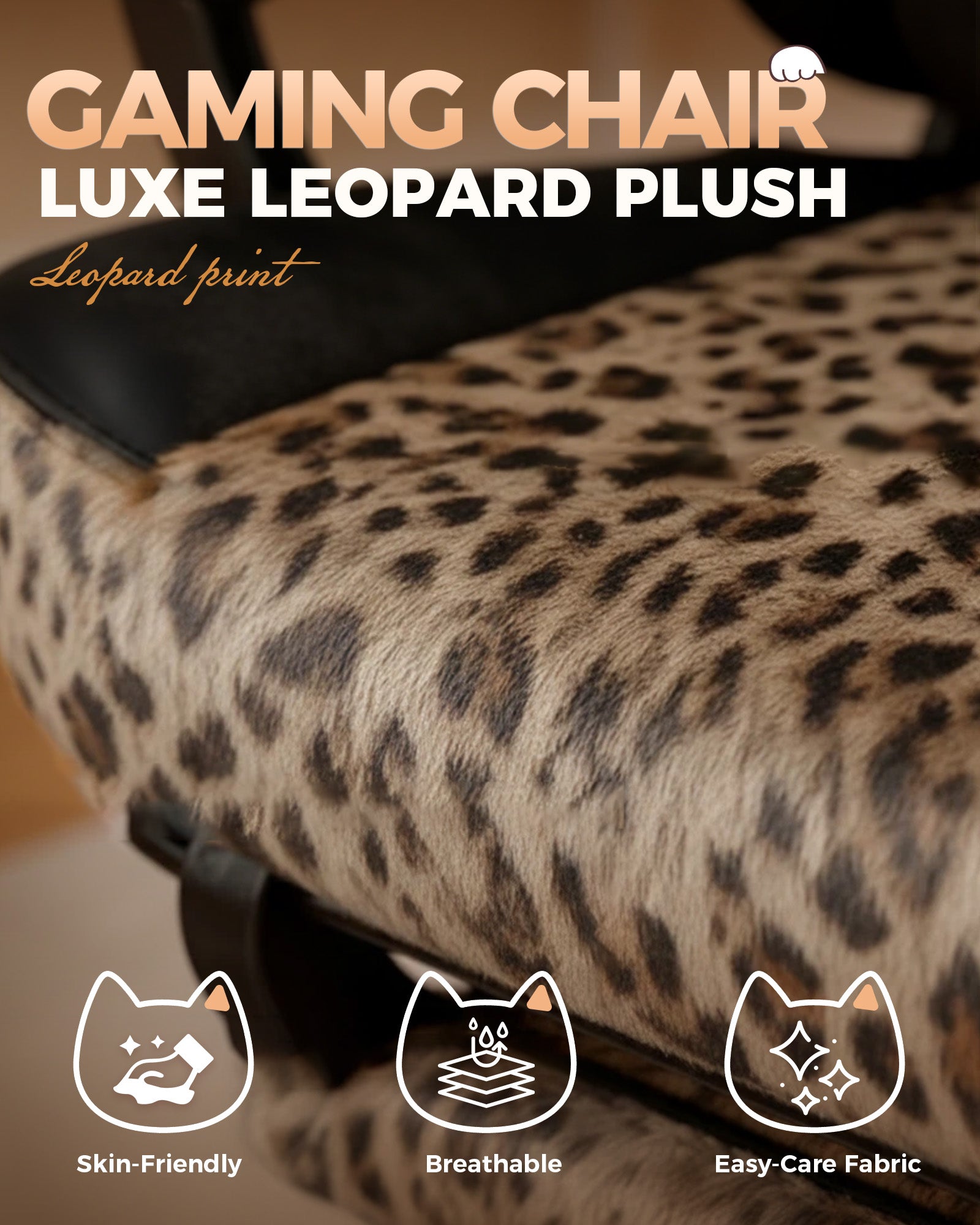 GTPLAYER Gaming Chair with Leopard Print Cat, Cute Velvet Fabric Ergonomic Office Chair with Footrest Headrest and Lumbar Support GTP710