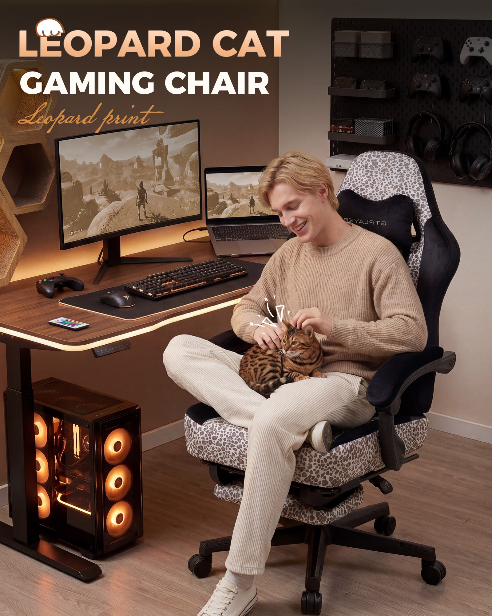 GTPLAYER Gaming Chair with Leopard Print Cat, Cute Velvet Fabric Ergonomic Office Chair with Footrest Headrest and Lumbar Support GTP710