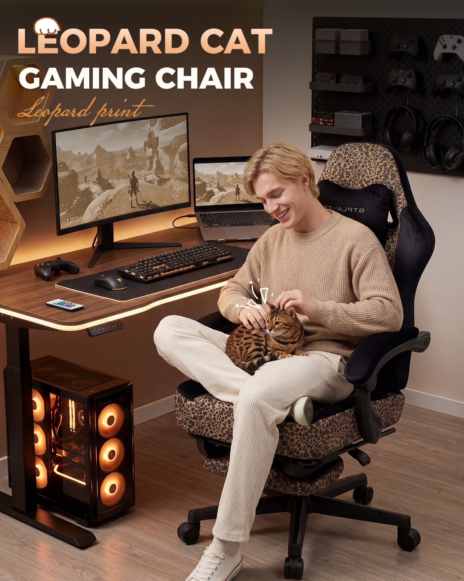 GTPLAYER Gaming Chair with Leopard Print Cat, Cute Velvet Fabric Ergonomic Office Chair with Footrest Headrest and Lumbar Support GTP710