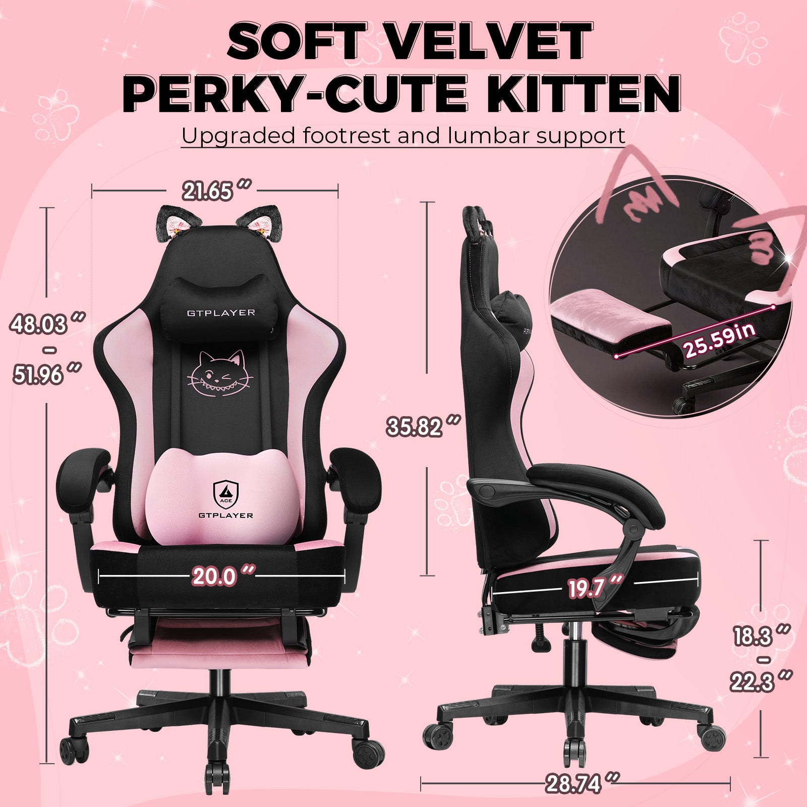 COMHOMA Pink Cute Office Gaming Chair with Cat Ears, Velvet Fabric 350LBS GTP610