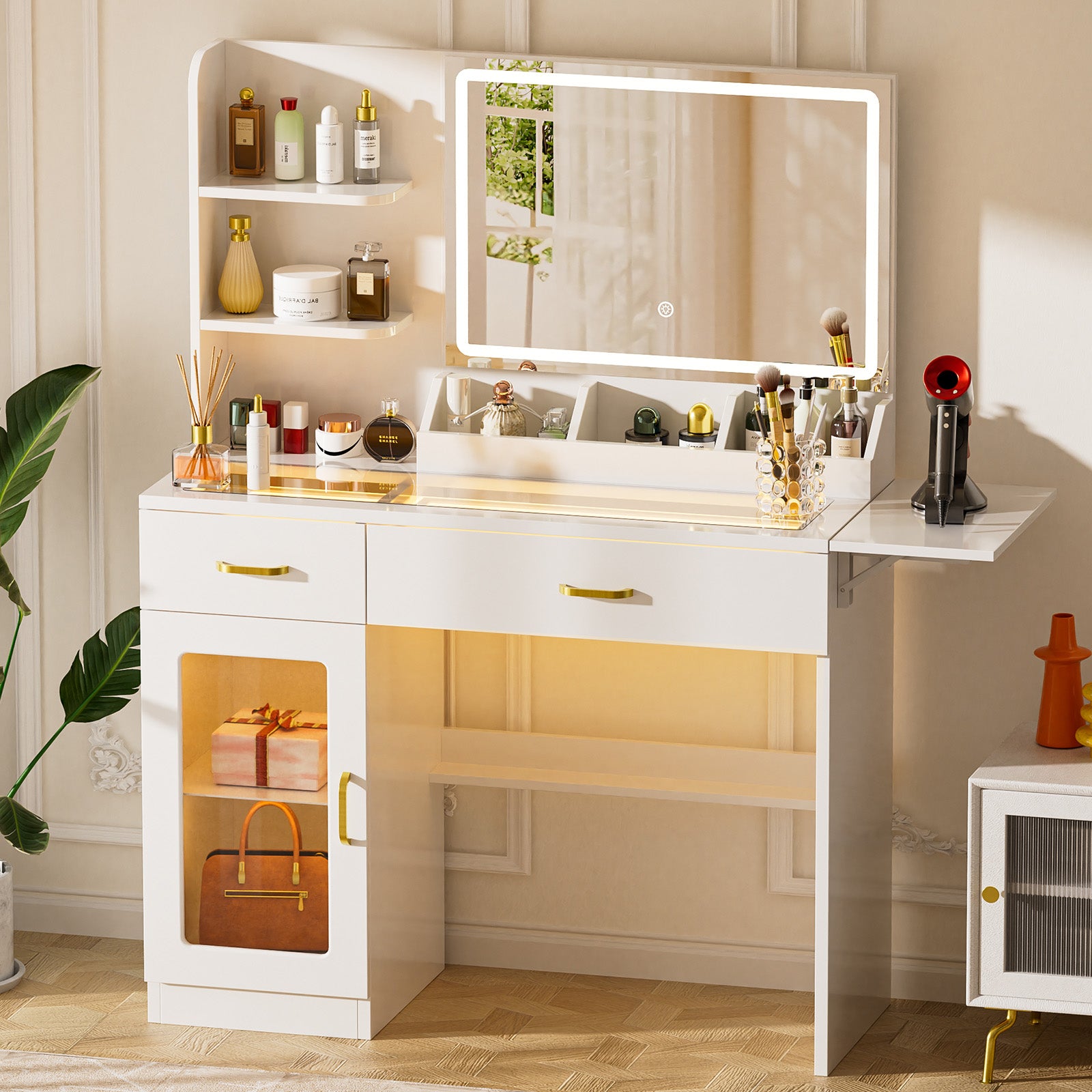 COMHOMA Vanity Desk with Transparent Tabletop and 3-Color LED Lights B2001