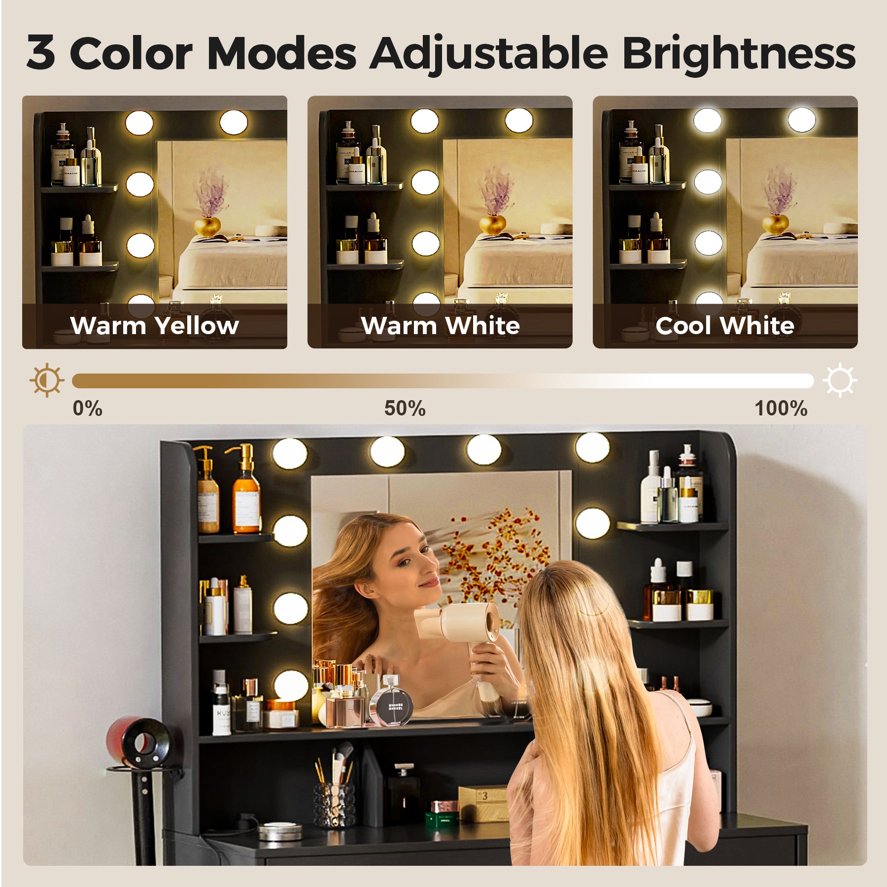 COMHOMA Vanity Desk with Large Storage, Lighted Mirror and Power Outlet B1004