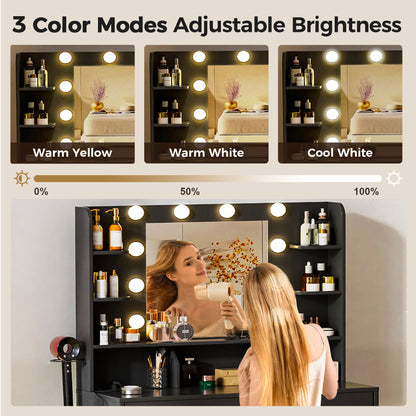 COMHOMA Vanity Desk with Large Storage, Lighted Mirror and Power Outlet B1004