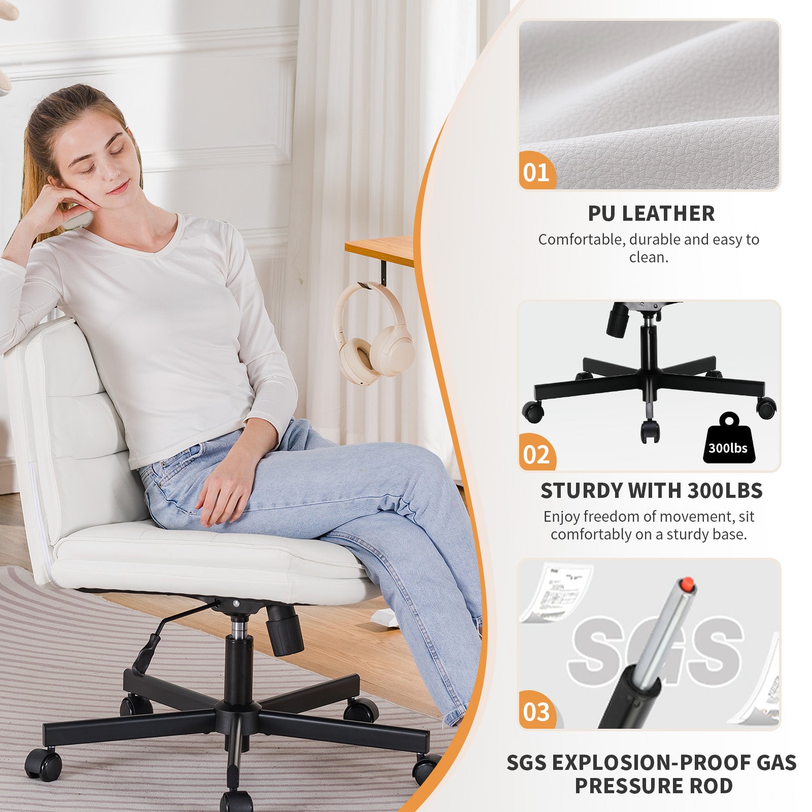 COMHOMA Armless Office Desk Chair with Wheels, PU Leather Padded Cross Legged Office Chair,WMT-CH310
