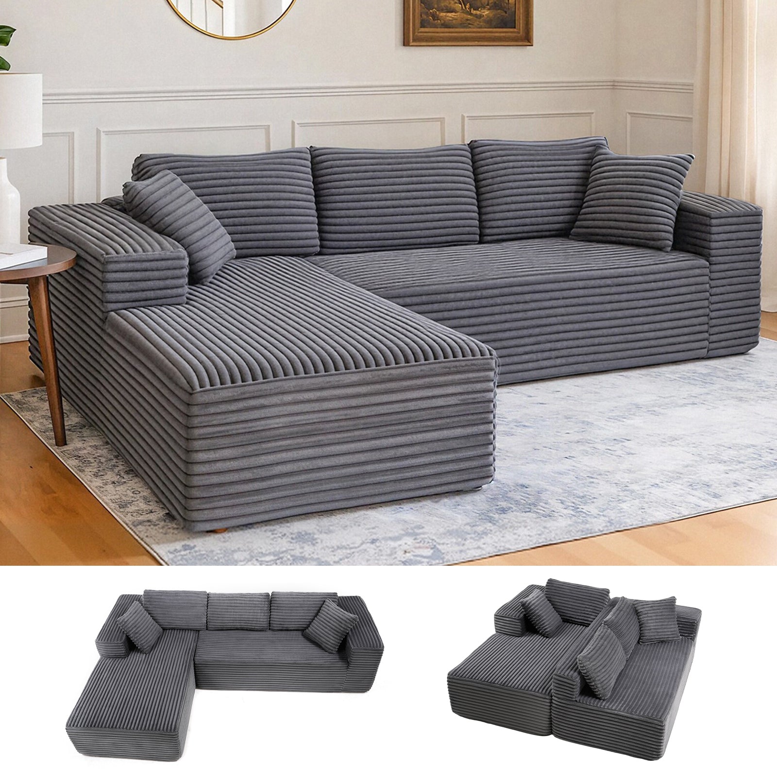 COMHOMA Modular Sectional Couch with L/R-Shape Chaise, Corduroy Upholstery & No Assembly Required B10