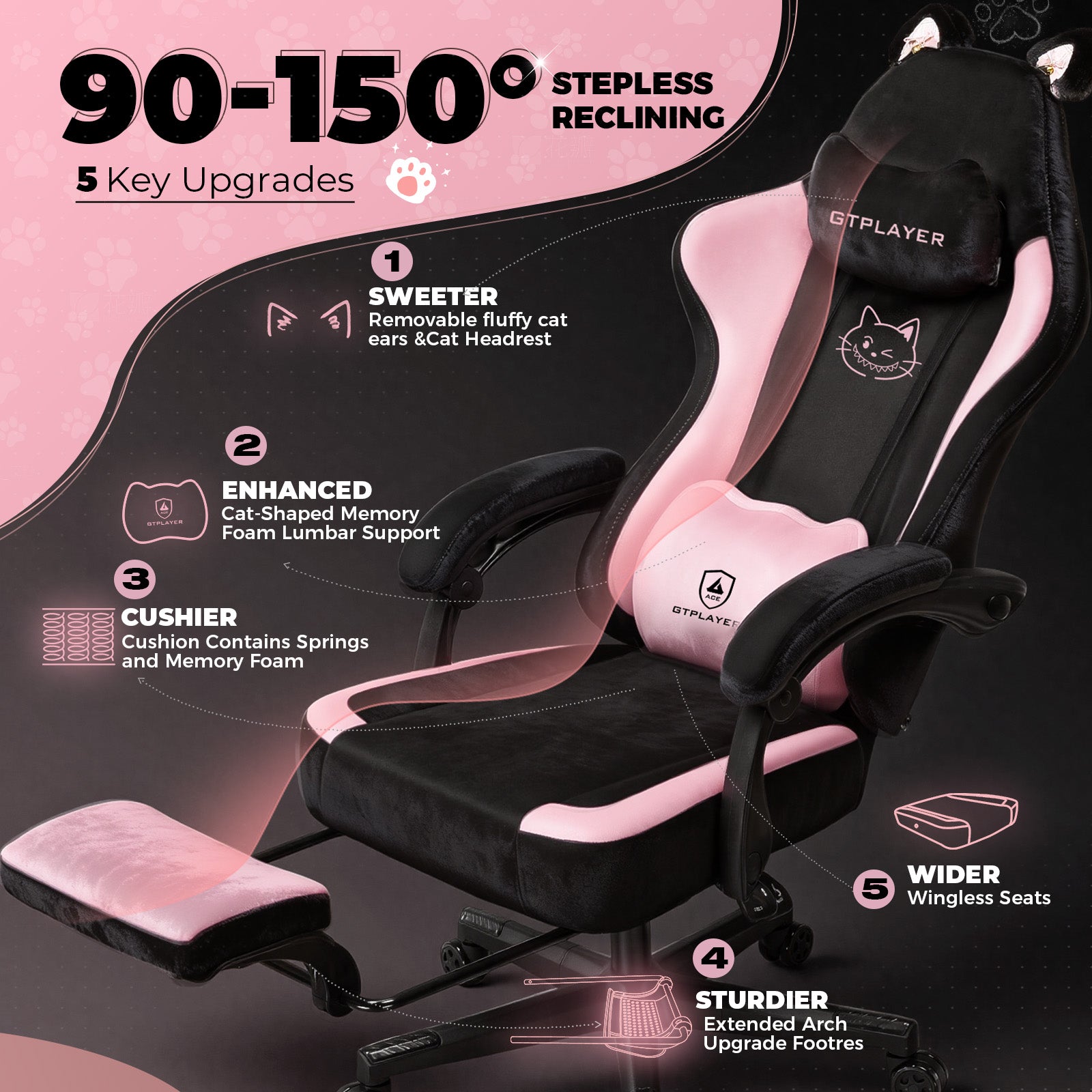 COMHOMA Pink Cute Office Gaming Chair with Cat Ears, Velvet Fabric 350LBS GTP610