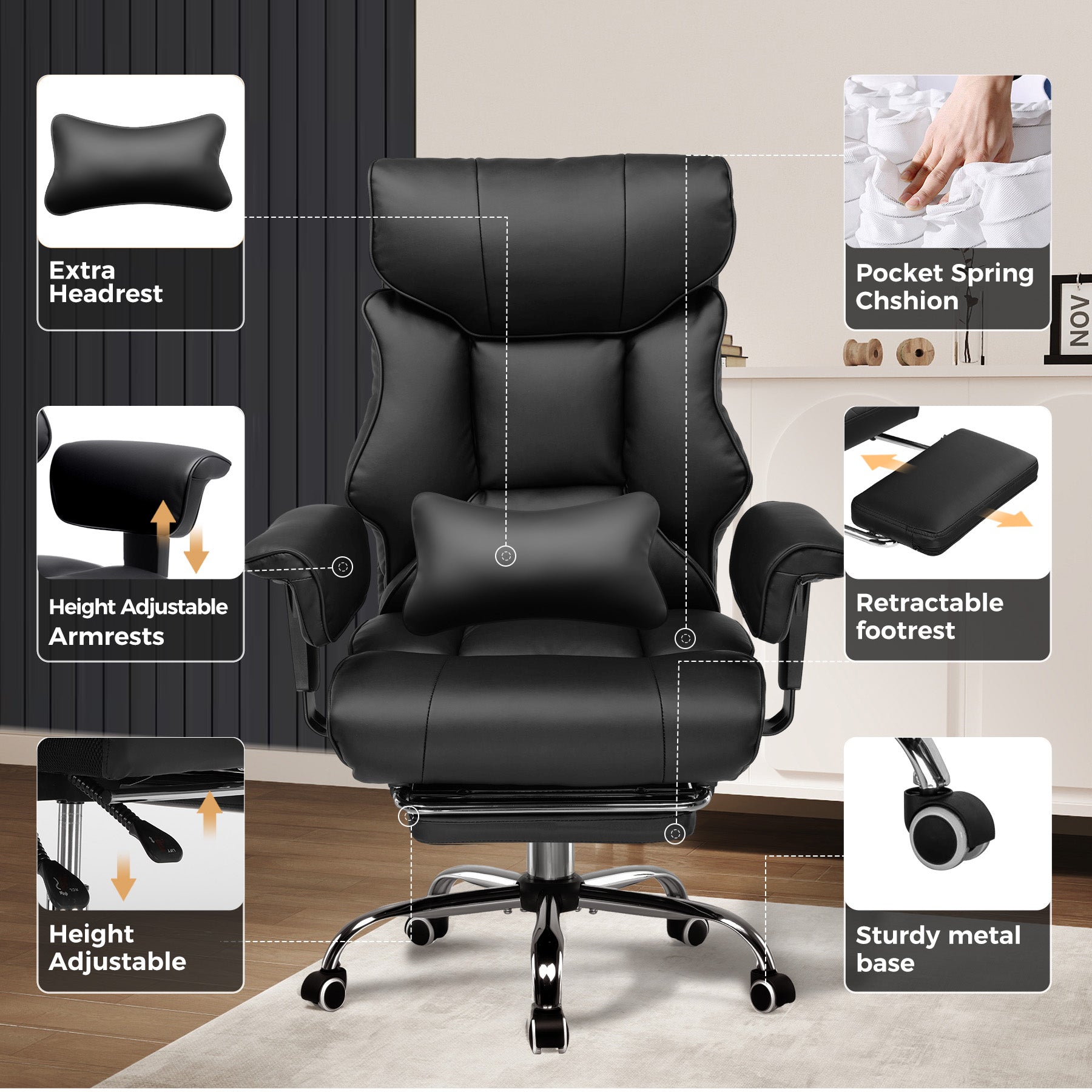 COMHOMA Big and Tall Office Chair Heavy Duty 400lbs with Headrest & Footrest CH215