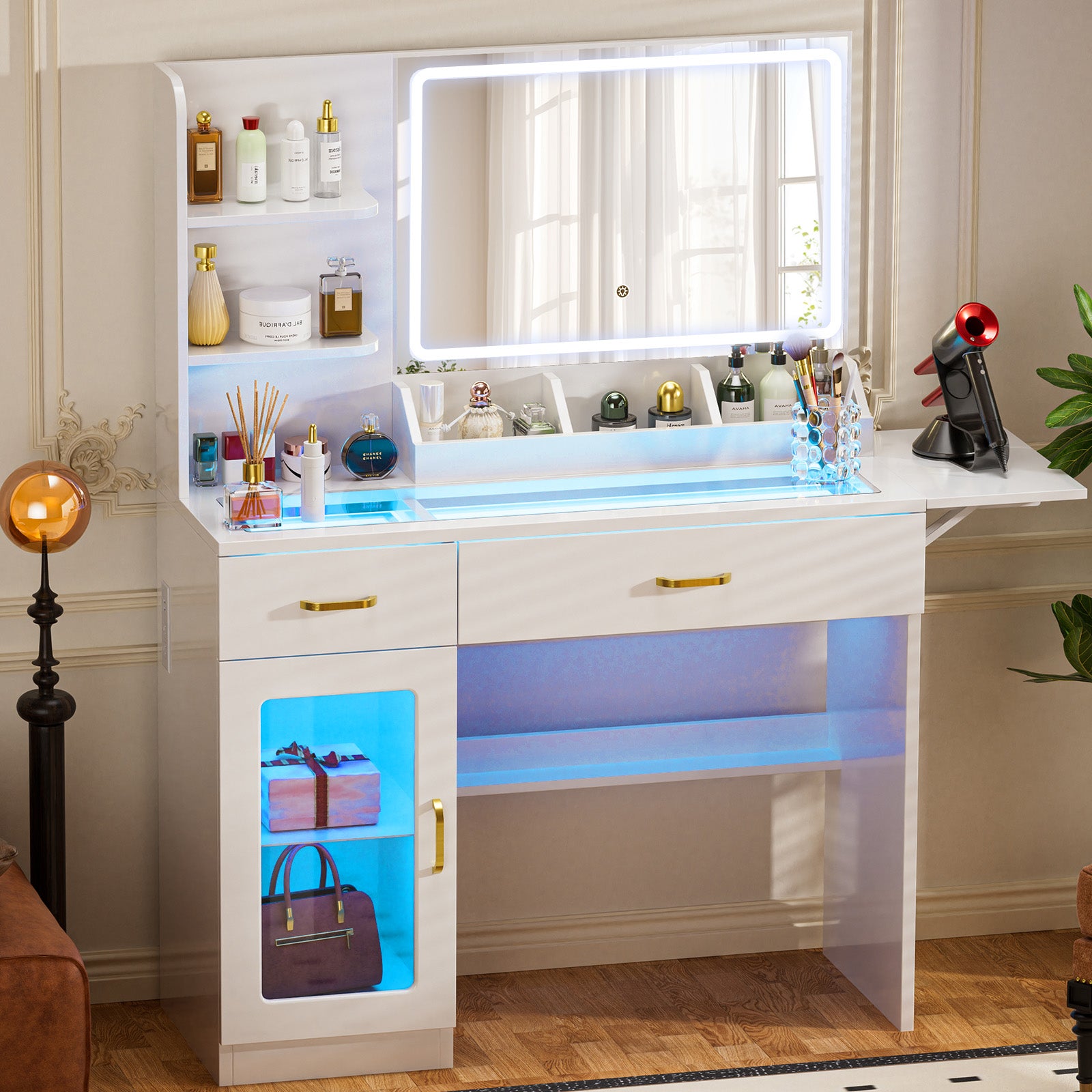 COMHOMA Vanity Desk with Transparent Tabletop and 3-Color LED Lights B2001