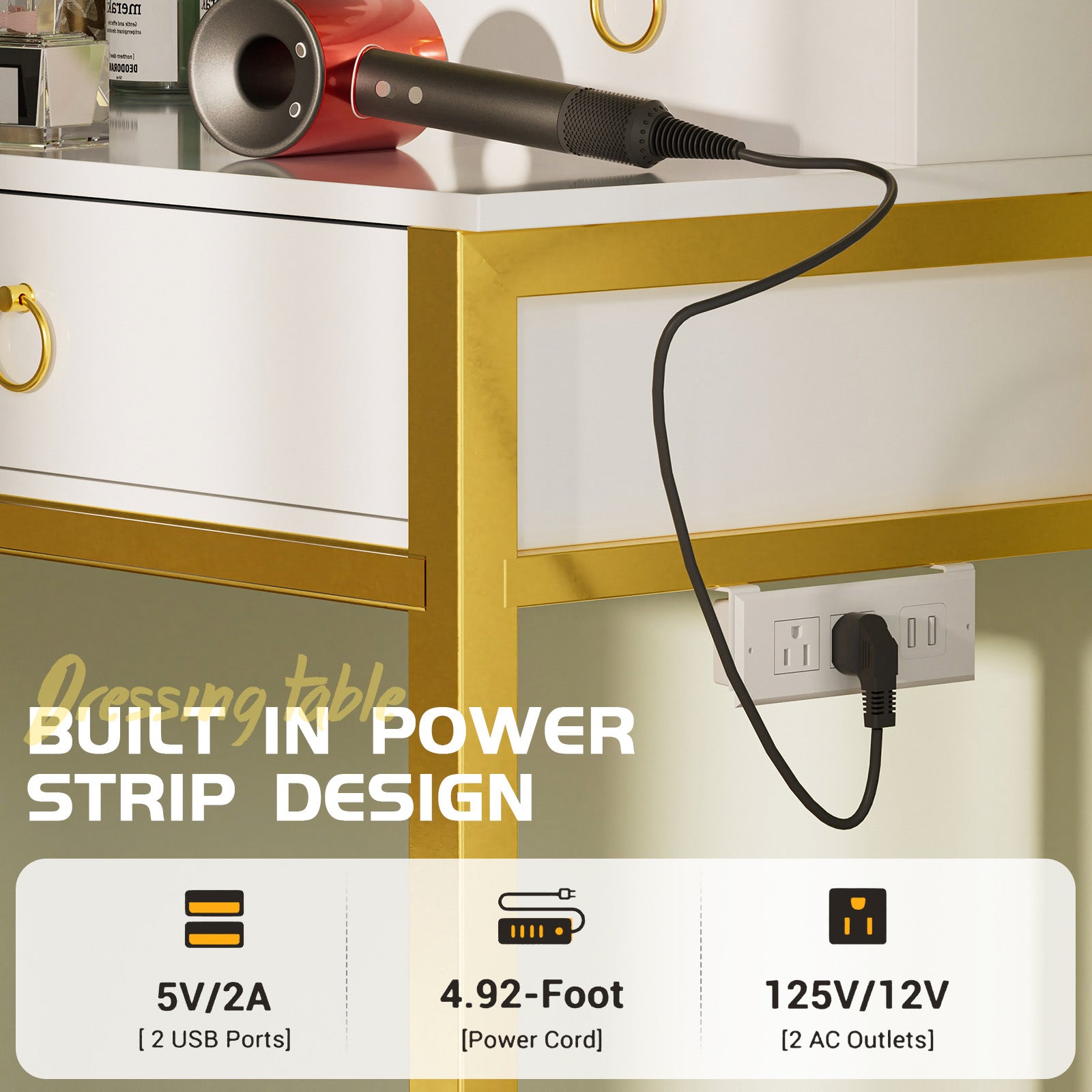 COMHOMA Makeup Vanity Desk with 4 Drawers and Charging Station, 3 Color Modes B1007